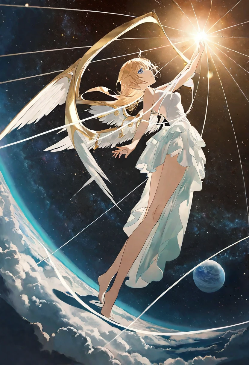 by rella, by foomidori, by lam, by makoto shinkai, by Ilya Kuvshinov,
A young female fashion model, detailed face, detailed eyes, detailed hair, angel, angel wing, mechanical wing, 
wedding dress,
(dynamic pose:1.2), (dutch angle:1.5), golden ratio,
mysterious, like a goddess,
break
clear blue sky, cloud, cloudy sky, space, star, planet, nebula, aurora, milky way, floral, space ship, deep space, perfect world, 
beautiful, aesthetic, detailed, beautiful color, 
amazing quality, best quality, high quality, ultra high res, absurdres, golden_ratio_xl, 