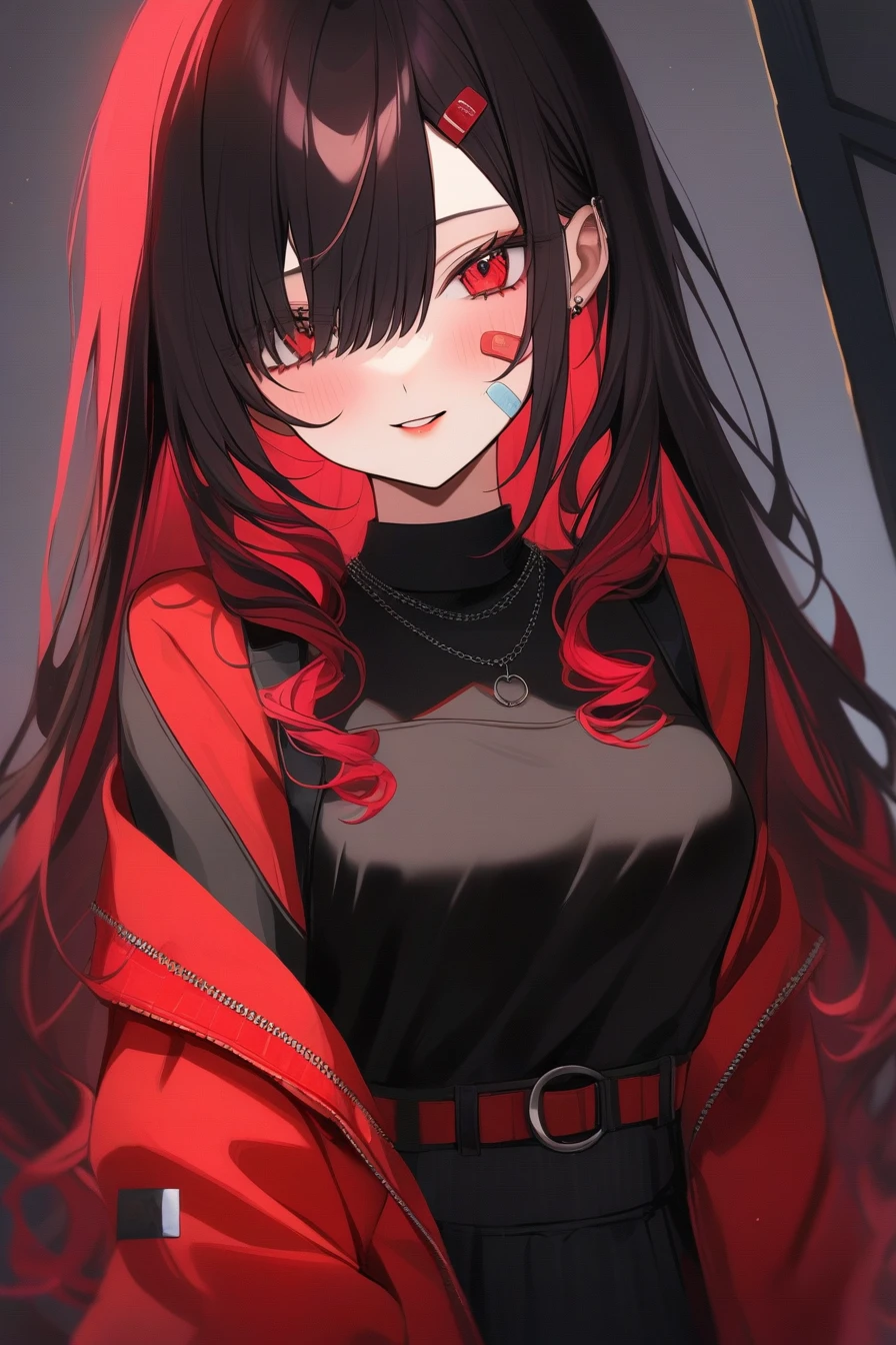 Red and black style，Black long hair，Waist-length hair，Red highlights on the back，curls，Red Eyes，The left eye pupil is a heart。There is a band-aid on the right corner of the face。