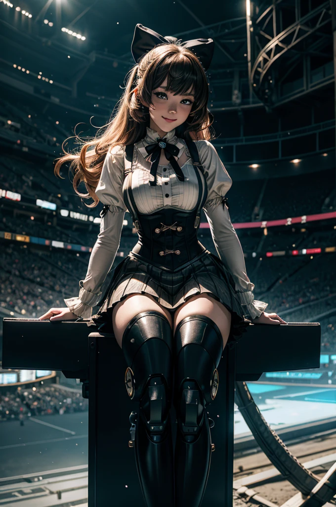 cowboy shot, (dynamic pose), smile, underbust, Penny Polendina, long hair, neck ribbon, suspender skirt, corset, black bow, white blouse, mechanical legs, neon trim, sitting, in sport stadium, spectators, crowd, BREAK night, stars, moon, snow, BREAK (volumetric lighting), intricate details, tonemapping, sharp focus, hyper detailed