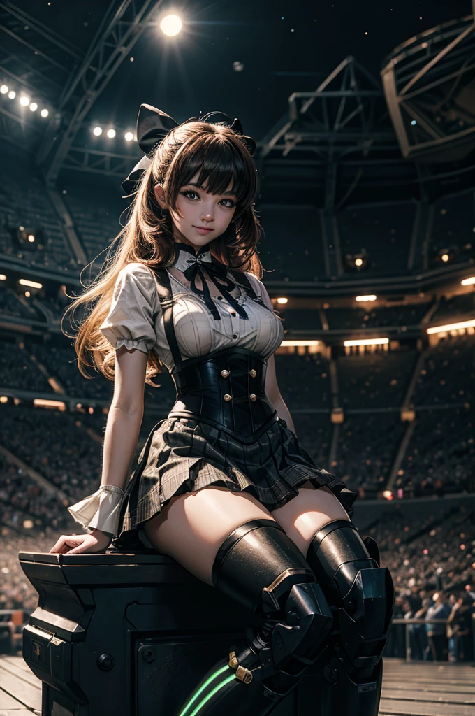 cowboy shot, (dynamic pose), smile,  underbust, Penny Polendina, long hair, neck ribbon, suspender skirt, corset, black bow, white blouse, mechanical legs, neon trim, sitting, in sport stadium, spectators, crowd, BREAK night, stars, moon, snow, BREAK  (volumetric lighting), intricate details, tonemapping, sharp focus, hyper detailed

