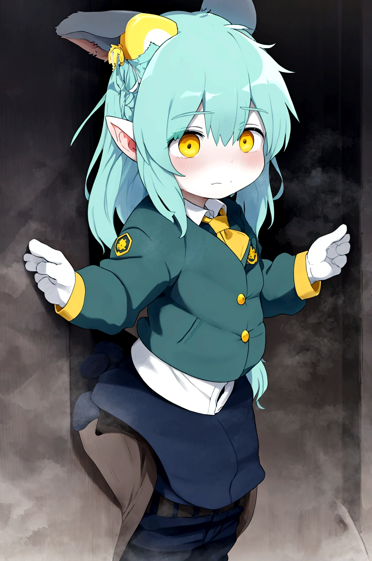A dragon with yellow eyes light blue skin with 2 small yellow horn on head with white eyebrow hair 2 color white and dark blue with bear on both cheeks, have the height 178cm, Wearing a blue and dark green jacket with a few yellow lines inside, wearing a white collared shirt with a dark green tie and wear bit black pant