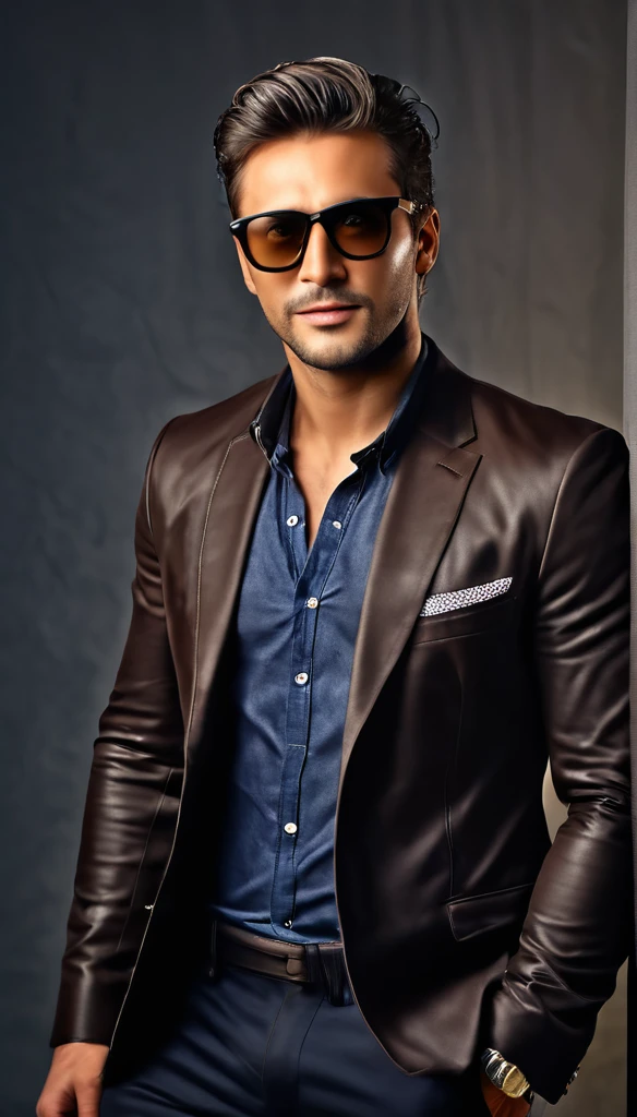 ((a handsome man, male model modern clothing,sunglasses, dark brown hair, full-length portrait: 1.5)), (best quality, 4k, 8k, high resolution, masterpiece: 1.2), ultra detailed, (realistic, photorealistic, photorealistic : 1.37), HDR, UHD, studio lighting, ultra-fine painting, sharp focus, physically based rendering, extreme detailed description, professional, vivid colors, bokeh, dramatic lighting, cinematic compositing