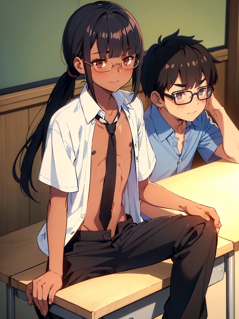 (1 girl solo),(dark skin:1.5).(masterpiece:1.2, best quality), high resolution, accurate representation, unique, creative, well-lit, clear details, ,20 years old, (black hair:1.3),  (glasses:1.4),  , (straight hair:1.5), (evil smile:1.2) ,long sidelocks, (blush:1.3),(sit on desk:1.3),(Put left knee in front:1.5),(boy's school uniform long pant:1.5),(loosen necktie:1.2),spread legs,bend knee,(open shirt:1.5),(short_sleeves shirt:1.3),(low long ponytail:1.4),(blunt bangs:1.4), (greaming skin:1.3),(flat_chest:1.6), (oily skin:1.3),(wide hips:1.3)