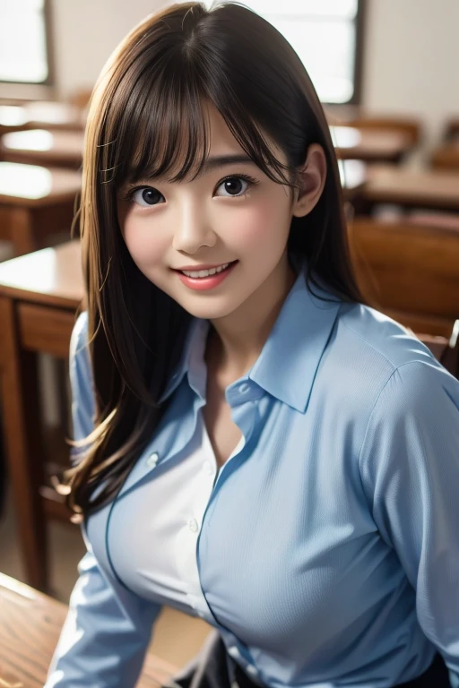 (In 8K、Highest quality、masterpiece:1.2)、(Realistic、Photorealistic:1.37)、Ultra-detailed、1 Girl、cute、alone、classroom、night、(Laughter:1.15)、Huge breasts、Too big、Beautiful saggy breasts and beautiful eyes、(Collared shirt:1.1)、Float NovaFrogStyle、adult、Amorous、Gloss、Kamimei、She looks 、