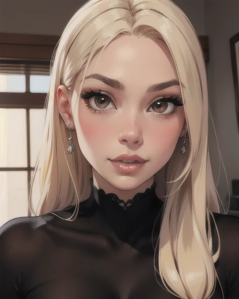 1 12 year old American girl, only faces long blonde hair, round brown eyes, eyeshadow, long eyelashes, lewd expression, looking at the viewer