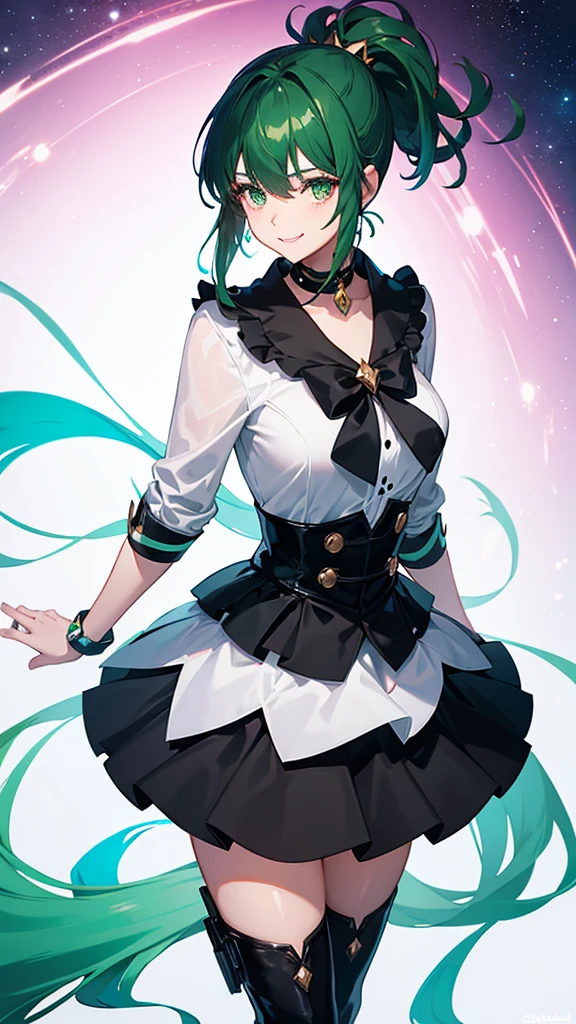 Magical girl Black costume Mini skirt dress Green hair ponytail smile Great style universe space