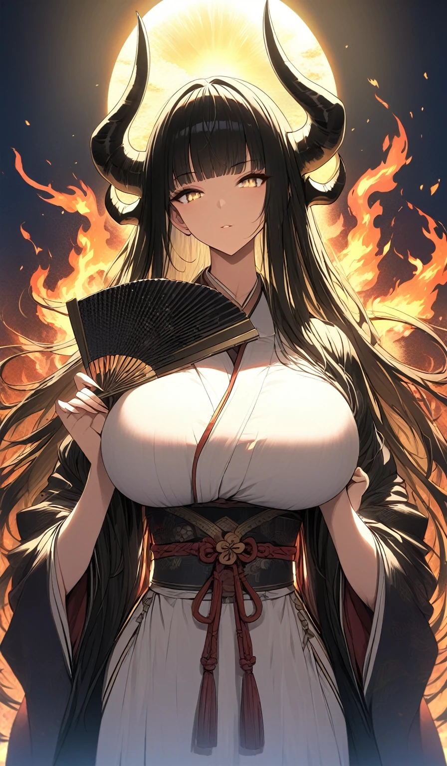 A masterpiece, very detailed, ultra detailed, one, (1 woman), a woman in Japanese closed traditional clothes of a feudal queen and with a traditional handmade fan, light golden eyes, long black straight hair and straight bangs, with huge breasts, she with black demonic horns, against the background of the sun, fire and flame