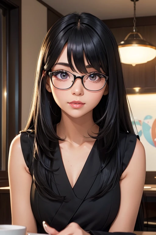 Product quality, Upper Body Shot, Front view, inside a stylish cafe, Doing PC work,1 Girl, Young and beautiful Japan woman, Long Hair, Super cute face,  Glossy Lips, Double eyelids on both eyes, Natural Makeup, Long eyelashes, shiny smooth black hair, Asymmetrical bangs, Center image, High resolution, High detail, Detailed hairstyle, Detailed face, Cinema Lighting, Surreal, Perfect body,A soft smile,Glasses,