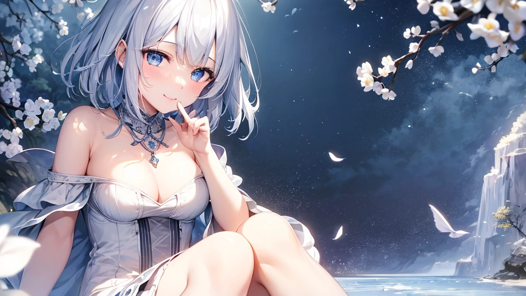Ultra HD,Look at the viewers, Put your hands behind your back, With a girl, 20-year-old, 非常にShort Hair, Long bangs between the eyes, Pale blue eyes, Very detailed,(masterpiece、Highest quality),Gray Hair、Laughter、Fantastic, Silver Hair, Iris, Short hair、 Fluttering Hair、Small Face、明るいsmile、(Detailed face) ,Professional Lighting,Wonderful landscape,blue sky, sunlight,Looking down from above,Portraiture、Open your mouth、Flower Field、Her eyes were shining、Mysterious and enchanting atmosphere。With AI Painting、とてもShort Hair, Long bangs between the eyes, Very detailed,(masterpiece、Highest quality)、alone、Gray Hair、Fantasy, Silver Hair, Fantasyな風景、White shirt、smile、Open your mouth、short hair、Short Hair、hairpin、black eye、Grey Eyes、Beautiful Eyes、