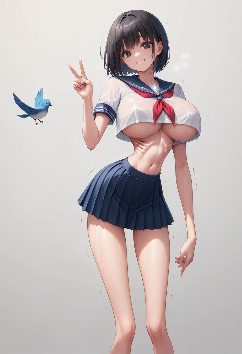 (masterpiece, best quality:1.2), front shot, beautiful 1girl, (super big breasts, micro waist, very long legs:1.4), Black hair, short bob hair, short height, scrawny and thin body, Long and thin belly, Light Skin, cute big eyes, cute beautiful thin face, forced smile, Modest, serafuku, mini skirt, pigeon-toed, V sign, Long and thin navel, Pelvis is prominent, (beautiful visible ribs:1.2), (Arched back, wet and sweaty, Trembling)