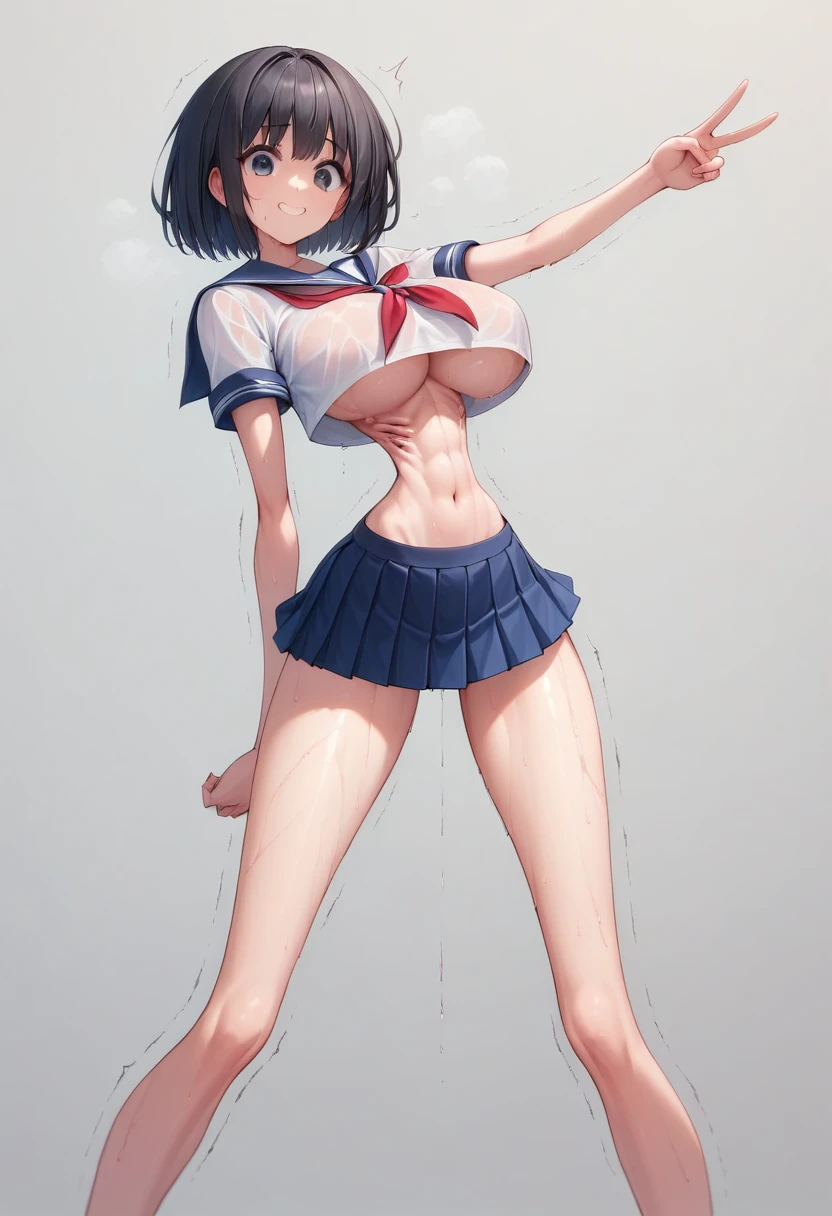 (masterpiece, best quality:1.2), front shot, beautiful 1girl, (super big breasts, micro waist, very long legs:1.4), Black hair, short bob hair, short height, scrawny and thin body, Long and thin belly, Light Skin, cute big eyes, cute beautiful thin face, forced smile, Modest, serafuku, mini skirt, pigeon-toed, V sign, Long and thin navel, Pelvis is prominent, (beautiful visible ribs:1.2), (Arched back, wet and sweaty, Trembling)