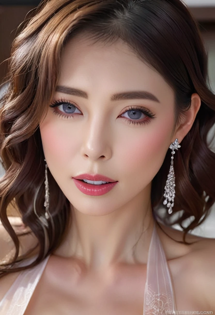 (masterpiece, best quality: 1.2), 1wavy hair secretary，Sexy eyes,Head close-up，Wet sexy lips，A lot of saliva ，earrings、(((no bra))),(((See-through))),(((no bra))),(((See-through))),