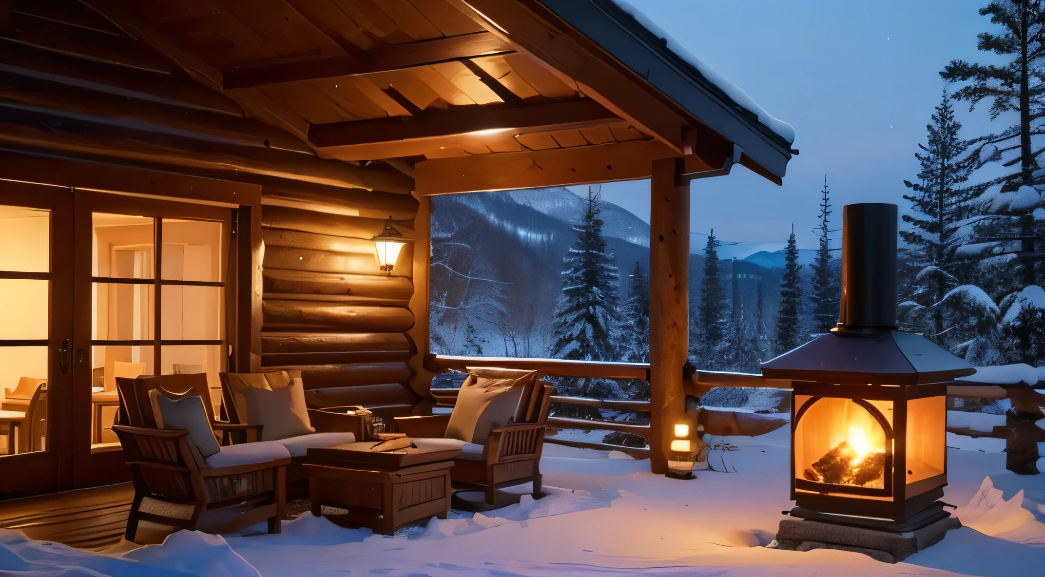 Create a YouTube channel banner for a relaxation channel named "Serene Sanctuary." The banner should feature an animated cozy wooden cabin living room at night. The atmosphere should be warm and inviting with soft lighting and a brightly burning stone fireplace. The scene should include a transparent glass window showing the serene, snowy night outside. Use warm wood tones and gentle lighting to create a comfortable, high-quality night setting. Include the channel name "Serene Sanctuary" in an elegant, soothing font, with a tagline like "Find Peace and Relaxation" below it. The overall design should evoke feelings of warmth, tranquility, and calmness.

Additional prompt: (best quality, 4k, 8k, high resolution, masterpiece:1.2), highly detailed, (realistic, photo-realistic, photo-realistic:1.37), mountain cabin, cozy cabin, wooden house surrounded by
