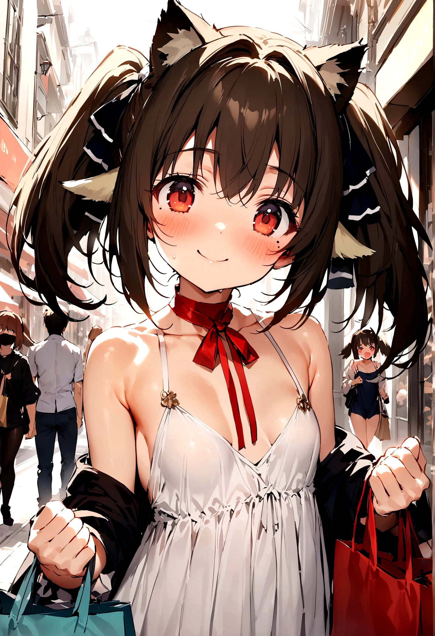 NSFW,masterpiece,Highest quality,High resolution,Super detailed,nekone \(utawarerumono\),Brown Hair、(Red Eye:1.3)、ribbon,Animal Ears,Twin tails、ヘアribbon、Mole、目の下のMole,Small breasts,High-quality silk dress,blush,Expecting face,Be nervous,smile,bustling street,Shopping