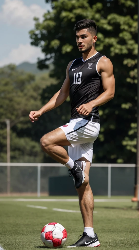guy, athletic build, Peruvian nationality, in motion, one leg Keepie uppie lower legs with ball, one leg standing straight on the ground, full-length, wearing a white sleeveless T-shirt and black shorts, excellent quality, photo, excellent detail, high quality, profile photo, realistic, photography, realism, profile photo