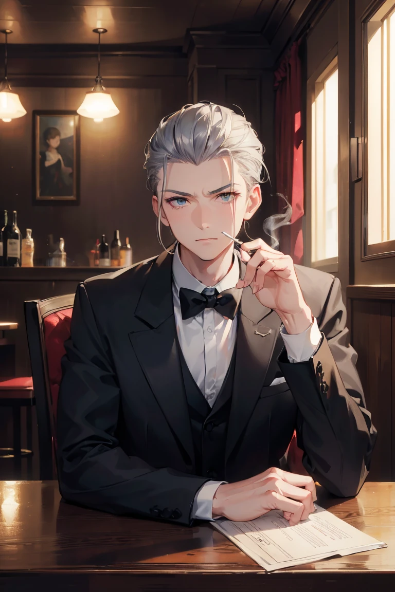 (8K, 16K, Awards, Highest quality, High resolution, Super Detail, masterpiece: 1.3),Please generate an image with the following characteristics:。 gender: Male Age group: Hairstyle and color for 60s: Gray Hair、Slicked back person pose: Drinking alcohol with a cigarette nearby: Serious gaze: Front Clothing and Decoration: Muscular butler composition: Scenes and situations in which you sit in a chair: A corner seat in a dimly lit bar