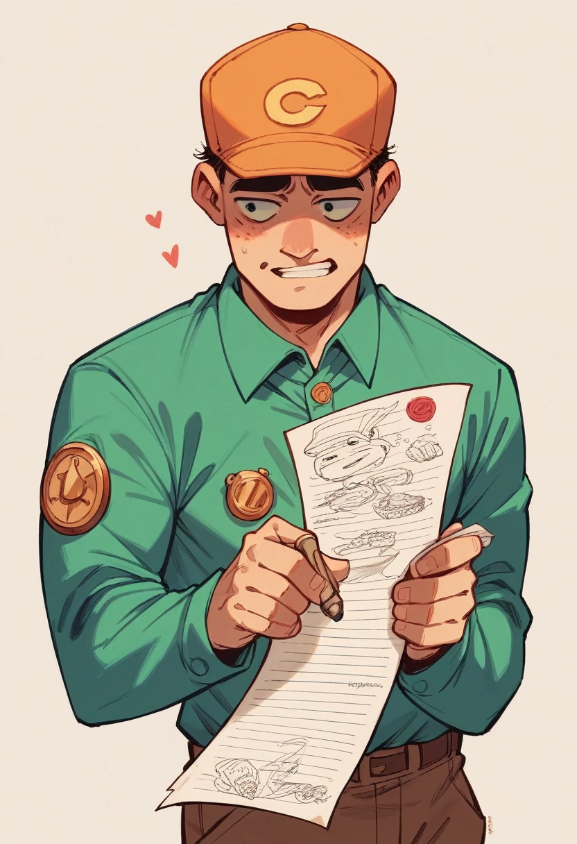 a little cartoonish man like with a cylindric body and an orange cap, and a huge pen in his hand, with a giant paper of checking list