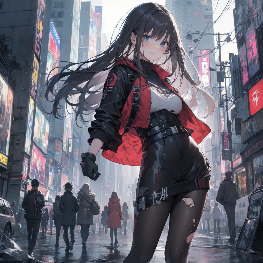 Outlook, Cute Smile, Strange Perspective, White sweater,( change)Moderate, Separate Color,bs shoulder, Blushed,(Gray Hair), White Gloves,White boots,dirty,Torn clothes,Clothing that shows blood:1.3),, Tearing the cloak, tear pantyhose ,Cyberpunk Streetwear,in contrast,Cyberpunk Character Fashion,Wear high fashion clothes, , Bring your poster to life、impressive,Full Wear, Stylish,