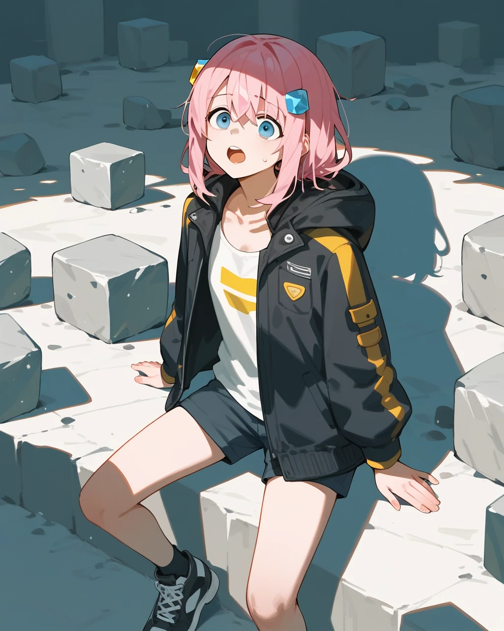 masterpiece,Highest quality,Cube_hair_ornament, superiorper_body, Simple_background, 1人of女of子, ~ sidelocks, Looking_in_Audience, Goto_history, Open_mouth, white_background, 一人in, pink_Jacket, mouth_of_rock!, hair_ornament, sweindrop, Jacket, Shadow, One_~ side_superior