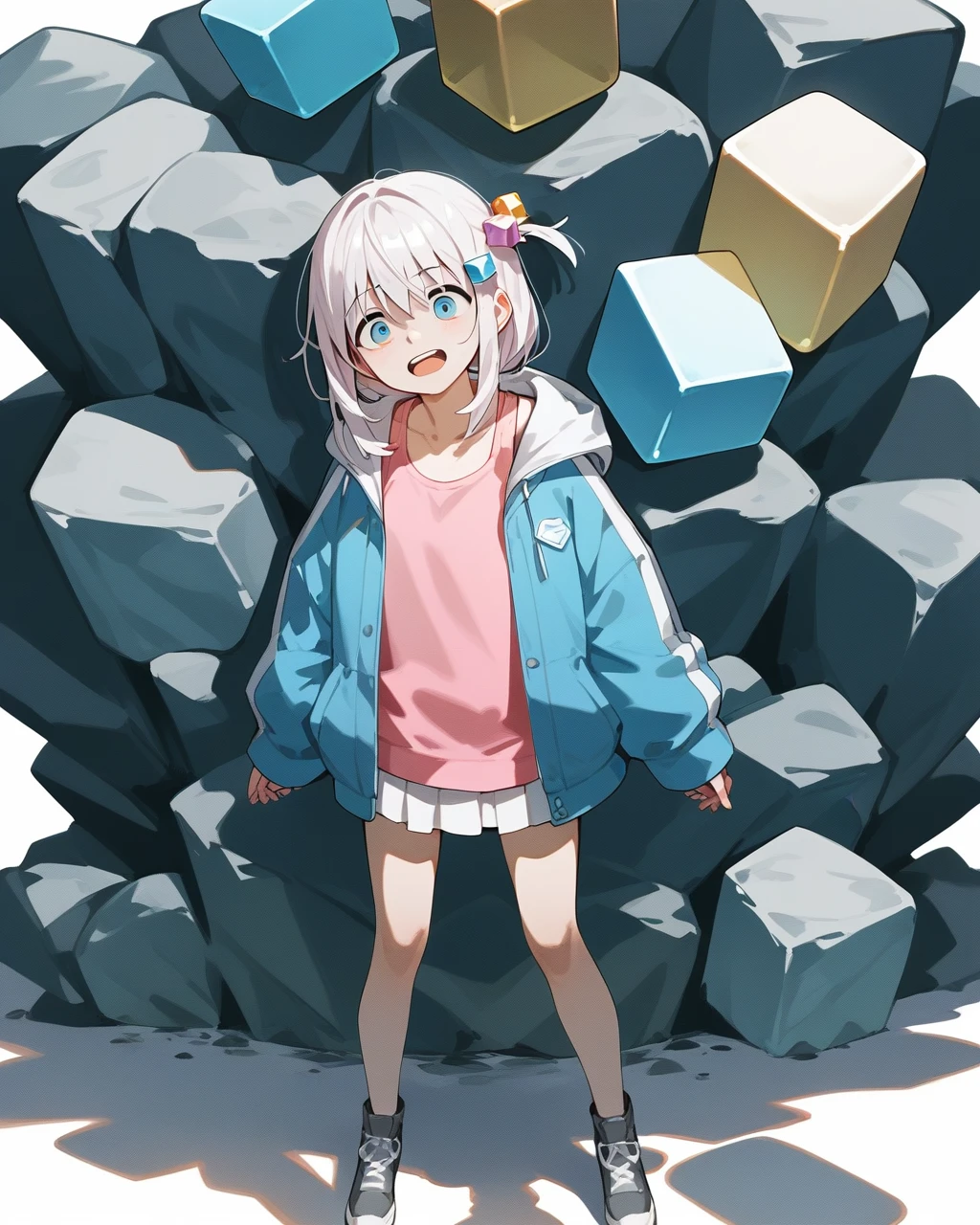 masterpiece,Highest quality,Cube_hair_ornament, superiorper_body, Simple_background, 1人of女of子, ~ sidelocks, Looking_in_Audience, Goto_history, Open_mouth, white_background, 一人in, pink_Jacket, mouth_of_rock!, hair_ornament, sweindrop, Jacket, Shadow, One_~ side_superior