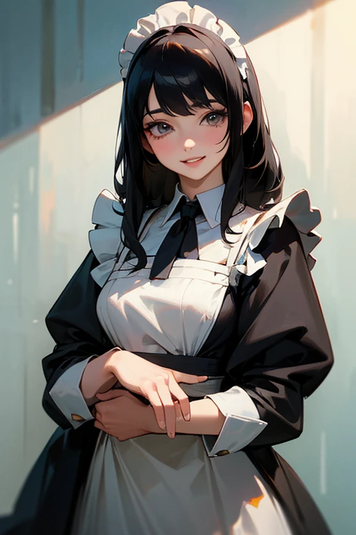 (Highest Resolution, clear_image) Highest quality, single, One woman, alone, masterpiece, Very detailed, Semi-realistic, Black Hairのショートヘア, Black Hair, bangs, 18-year-old, mature, Light blue , Indoor Background, kind, Authoritative, Powerful, exquisite features, exquisite features、Eyelashes become longer、Showing teeth、smile😀、Maid clothes、woman'Fingers in the、Sleeping on the sofa、Long Hair、Fluttering in the wind、((Off-the-shoulder clothing))