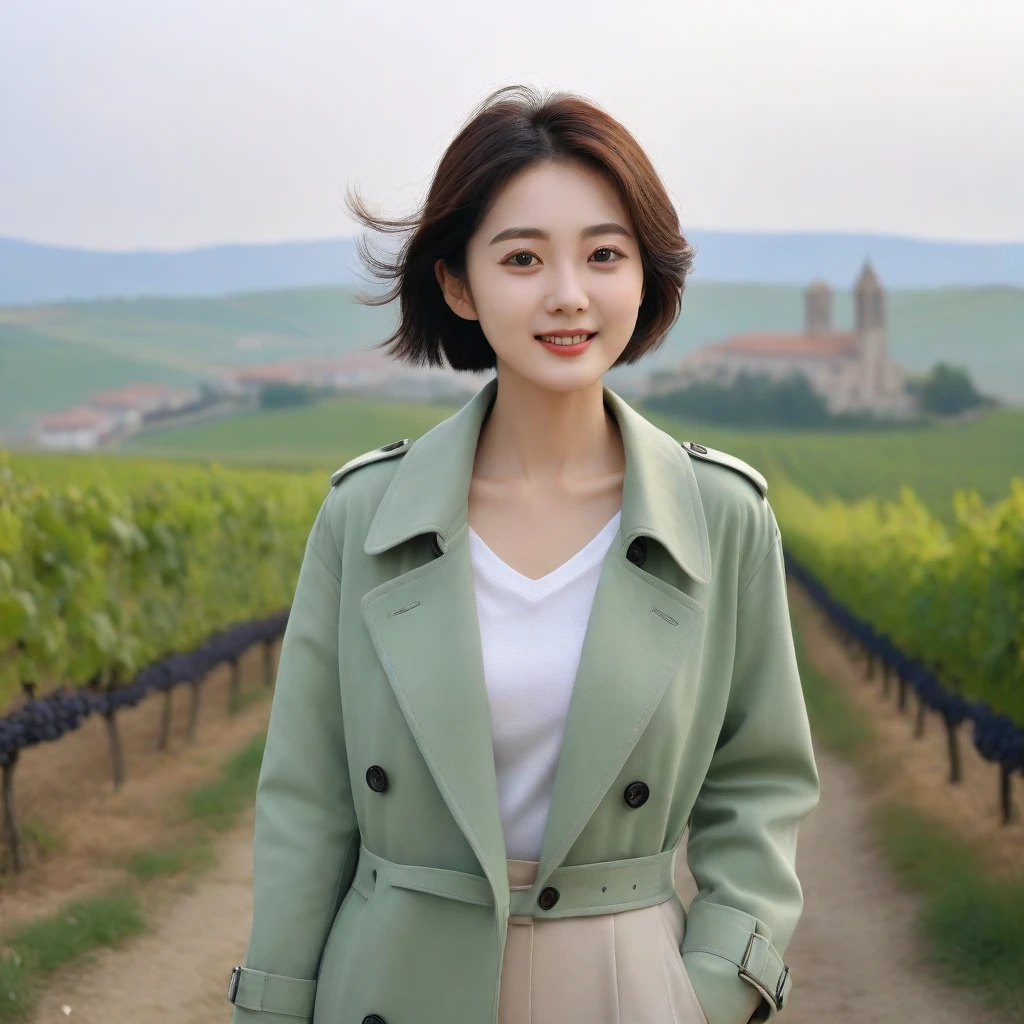 k Best picture quality, Beautiful 36-year-old Korean woman, You have good skin and big and pretty eyes... clear and nice weather. Chest size 34 inches, italian countryside, past the vineyard, The cathedral can be seen in the distance in thick fog.., The back background is realistic and vivid quality., Short and medium hair blowing in the wind, A light green trench coat was neatly worn over a knit.. beige casual pants, laugh. the background is clear, Short and slim Korean woman, stand far away, Photo taken with a wide-angle lens, One woman with big and pretty eyes, eyes are round and big