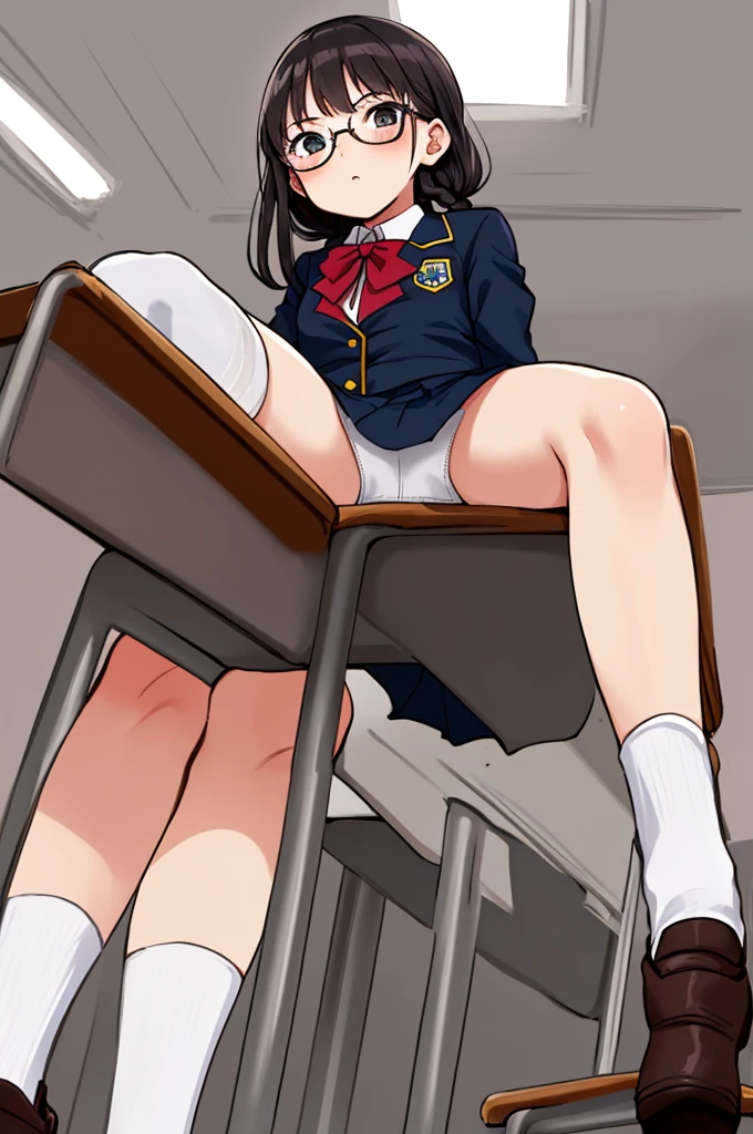 1girl,classroom,glasses,braid,uniform,miniskirt,socks,sitting on chair,(((,white panties))),from below,open legs,spread legs