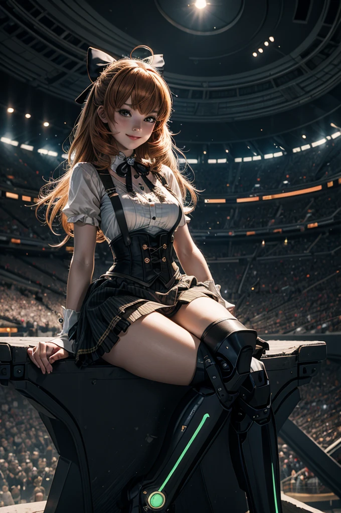 cowboy shot, (dynamic pose), smile,  underbust, Penny Polendina, long hair, neck ribbon, suspender skirt, corset, black bow, white blouse, mechanical legs, neon trim, sitting, in sport stadium, spectators, crowd, BREAK night, stars, moon, snow, BREAK  (volumetric lighting), intricate details, tonemapping, sharp focus, hyper detailed

