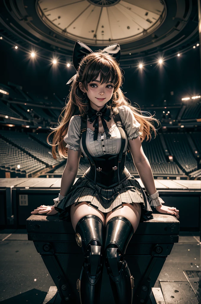 cowboy shot, (dynamic pose), smile,  underbust, Penny Polendina, long hair, neck ribbon, suspender skirt, corset, black bow, white blouse, mechanical legs, neon trim, sitting, in sport stadium, spectators, crowd, BREAK night, stars, moon, snow, BREAK  (volumetric lighting), intricate details, tonemapping, sharp focus, hyper detailed

