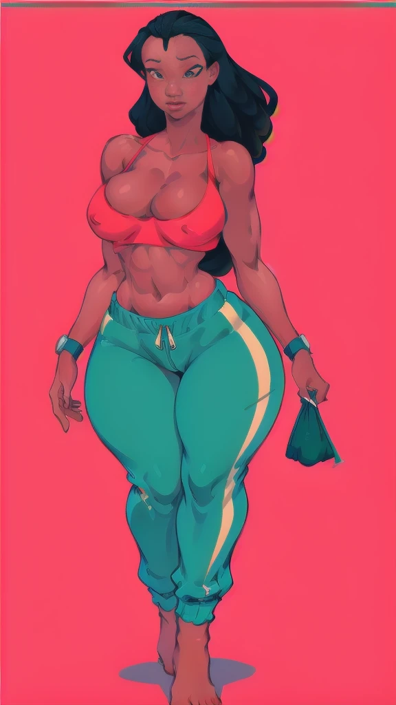 full body in image, woman, simple hair, female body, jogger pants, curvy body, large hips, beautiful woman, thicc body, big thighs, voluptuous body, full thick body, dinamic pose, curve body. detalied pose, body, simple background, expressive face, focus on face, line art, sketch
