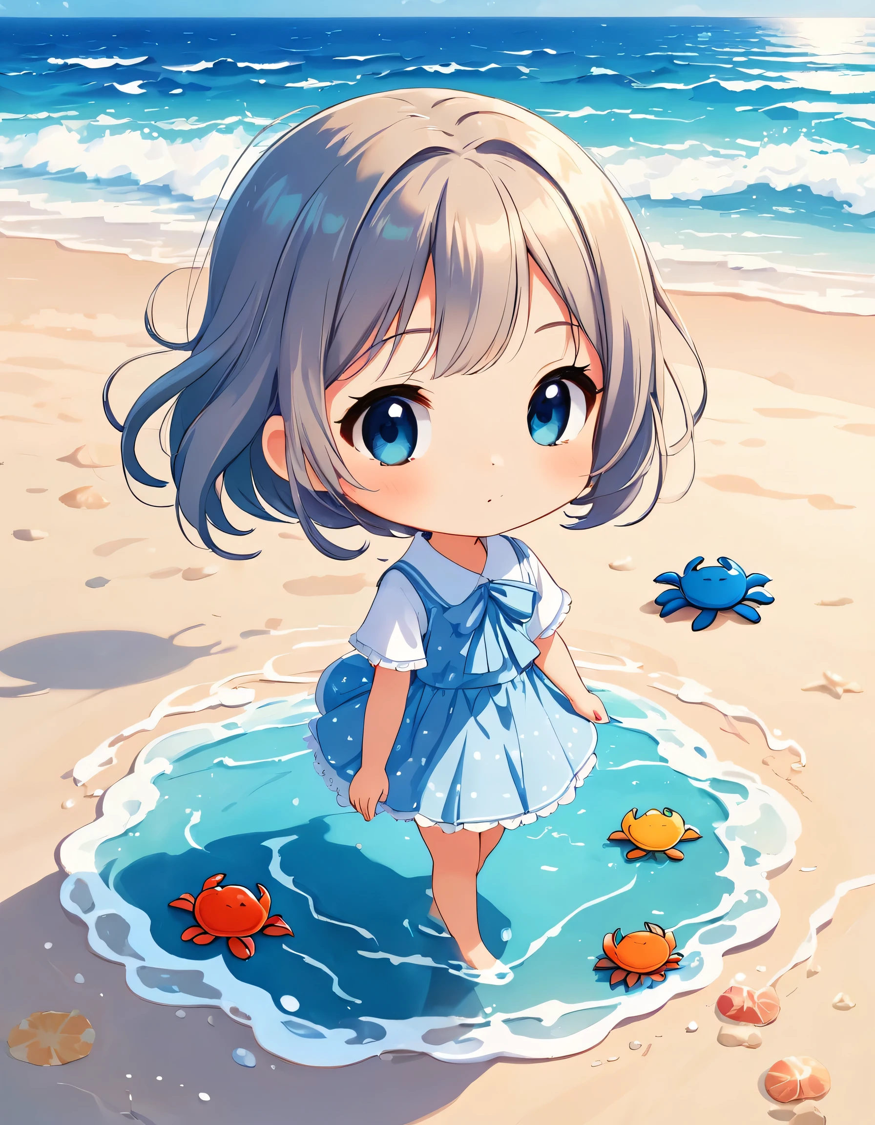 Mika Pikazo style, Simple Line Initialism，Abstract art，Kawaii Design, The most beautiful girl of all time, chibi, The background is the beach, Water Play, cute crab