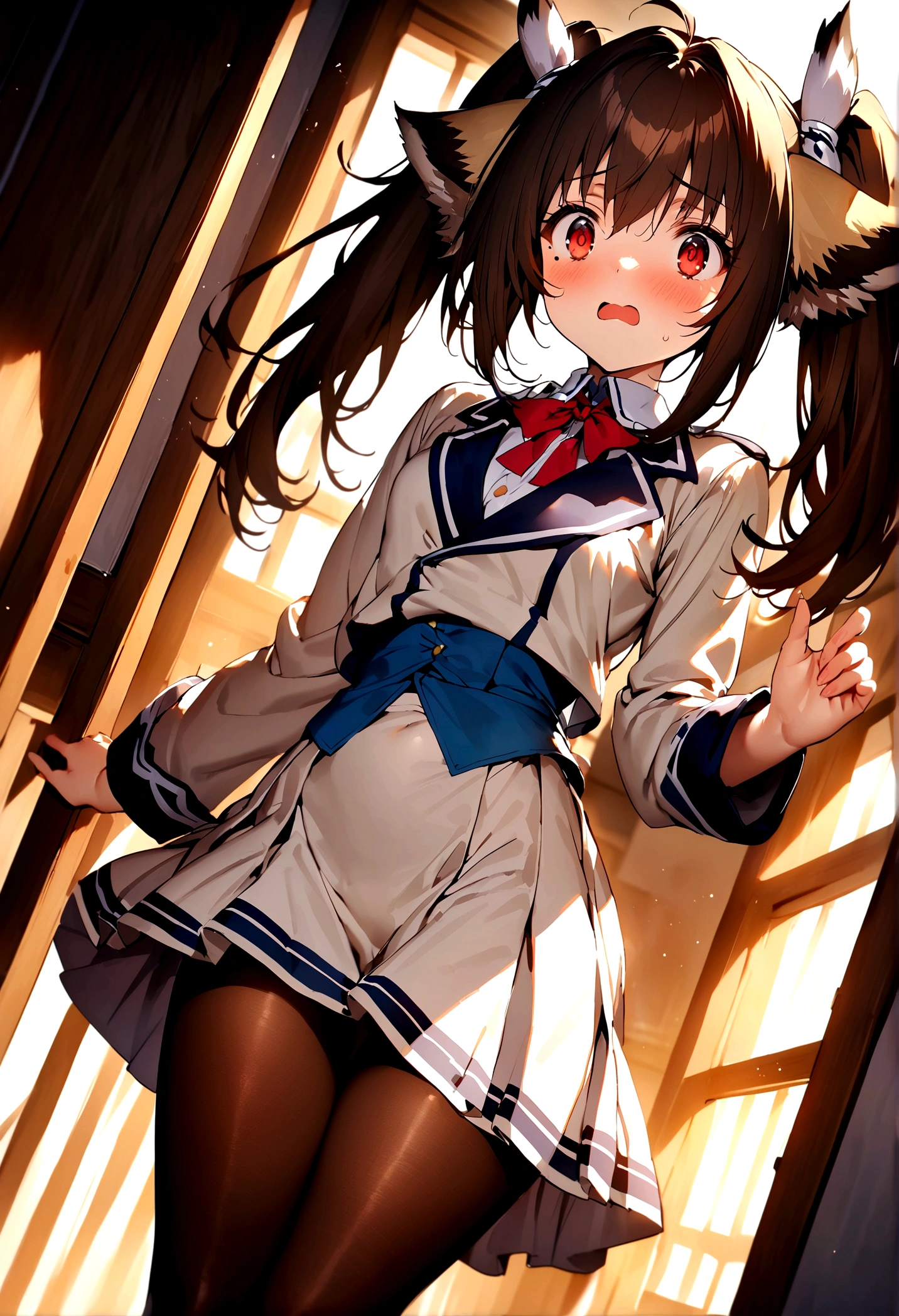 NSFW,masterpiece,Highest quality,High resolution,Super detailed,nekone \(utawarerumono\),Brown Hair、（Red Eye：1.3）、ribbon、Animal Ears、Twin tails、ヘアribbon、Mole、目の下のMole,Small breasts,uniform,mini skirt,pantyhose,Shocked face,Confused eyes,School