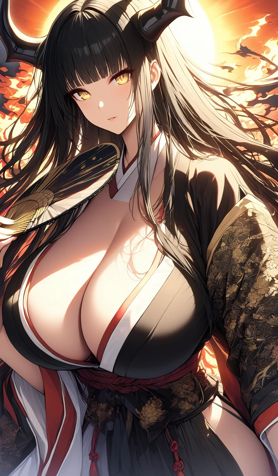 A masterpiece, very detailed, ultra detailed, one, (1 woman), a woman in Japanese closed traditional clothes of a feudal queen and with a traditional handmade fan, light golden eyes, long black straight hair and straight bangs, with huge breasts, she with black demonic horns, against the background of the sun, fire and flame