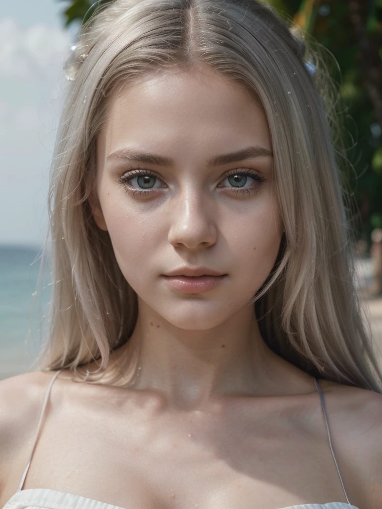 (best quality, 8k, 32k, masterpiece, UHD:1.2), selfie, masterpiece, perfect portrait, (..RAW), natural lighting, photo of a ((Best Quality)), ((Masterpiece)), (Detailed), Perfect Face, 1.1, Highly Detailed Face and Skin Structure, Detailede Augen, 21 Year Old Ukrainian , Cute Vacation Pictures, Cute Modern , Cute Makeup , aesthetic photos on Instagram (full body) , (very straight platinum hair), perfect face, closed mouth, (extremely detailed eyes),Jiggle Physics, (highly detailed skin), pale skin, photographed on a Canon AE-1 , 50 mm f2.1 lens, 50 mm, ISO 800, ((filmic grain)), (Full body) (summer wear)