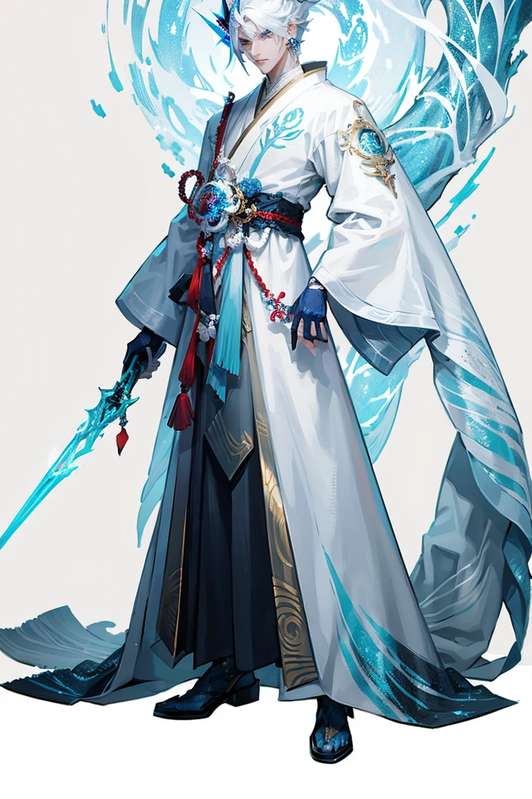 1 boy,Full body standing painting,(Detailed facial details, beautidful eyes, White hair、eBlue eyes)、Anime character in blue cloak, Gorgeous costumes, heise jinyao, Silas, onmyoji detailed art, onmyoji portrait, Official splash art, Splash ink art
