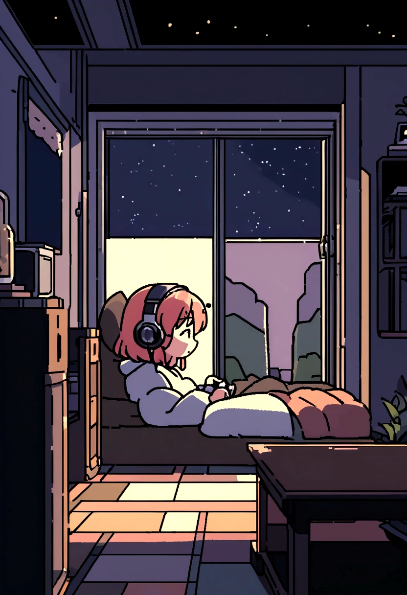 night、Girl listening to music in a cozy room, Using headphones, 2D-style animation, Lo-Fi, High resolution, Dark Environment　Makoto Shinkai style