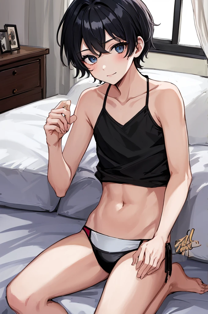 1girl,1boy,,on bed,short hair,my room,bikini,looking viewer,,handsome,,bob hair