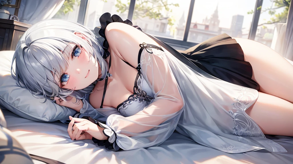 Ultra HD,Look at the viewers, Put your hands behind your back, With a girl, 20-year-old, 非常にShort Hair, Long bangs between the eyes, Pale blue eyes, Very detailed,(masterpiece、Highest quality),Gray Hair、Laughter、Fantastic, Silver Hair, Iris, Short hair、 Fluttering Hair、Small Face、明るいsmile、(Detailed face) ,Professional Lighting,Wonderful landscape,blue sky, sunlight,Looking down from above,Portraiture、Open your mouth、Flower Field、Her eyes were shining、Mysterious and enchanting atmosphere。With AI Painting、とてもShort Hair, Long bangs between the eyes, Very detailed,(masterpiece、Highest quality)、alone、Gray Hair、Fantasy, Silver Hair, Fantasyな風景、White shirt、smile、Open your mouth、short hair、Short Hair、hairpin、black eye、Grey Eyes、Beautiful Eyes、