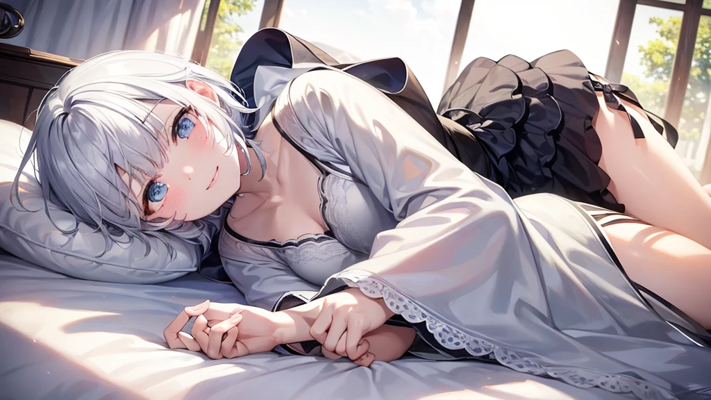 Ultra HD,Look at the viewers, Put your hands behind your back, With a girl, 20-year-old, 非常にShort Hair, Long bangs between the eyes, Pale blue eyes, Very detailed,(masterpiece、Highest quality),Gray Hair、Laughter、Fantastic, Silver Hair, Iris, Short hair、 Fluttering Hair、Small Face、明るいsmile、(Detailed face) ,Professional Lighting,Wonderful landscape,blue sky, sunlight,Looking down from above,Portraiture、Open your mouth、Flower Field、Her eyes were shining、Mysterious and enchanting atmosphere。With AI Painting、とてもShort Hair, Long bangs between the eyes, Very detailed,(masterpiece、Highest quality)、alone、Gray Hair、Fantasy, Silver Hair, Fantasyな風景、White shirt、smile、Open your mouth、short hair、Short Hair、hairpin、black eye、Grey Eyes、Beautiful Eyes、