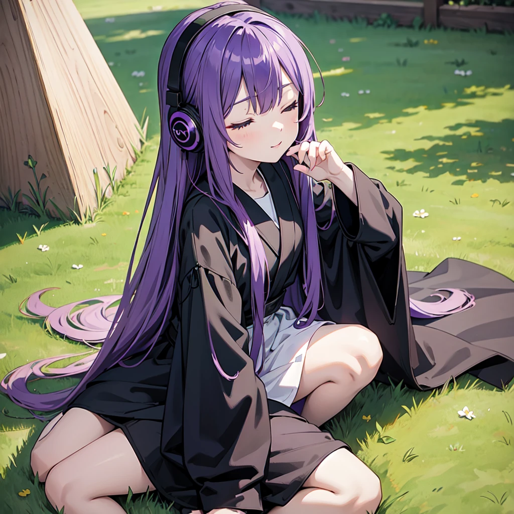1 person. Anime girl with long purple hair and black robe. Pointy ears. Cute as in manga. Sitting on grass with eyes closed. Headphones.