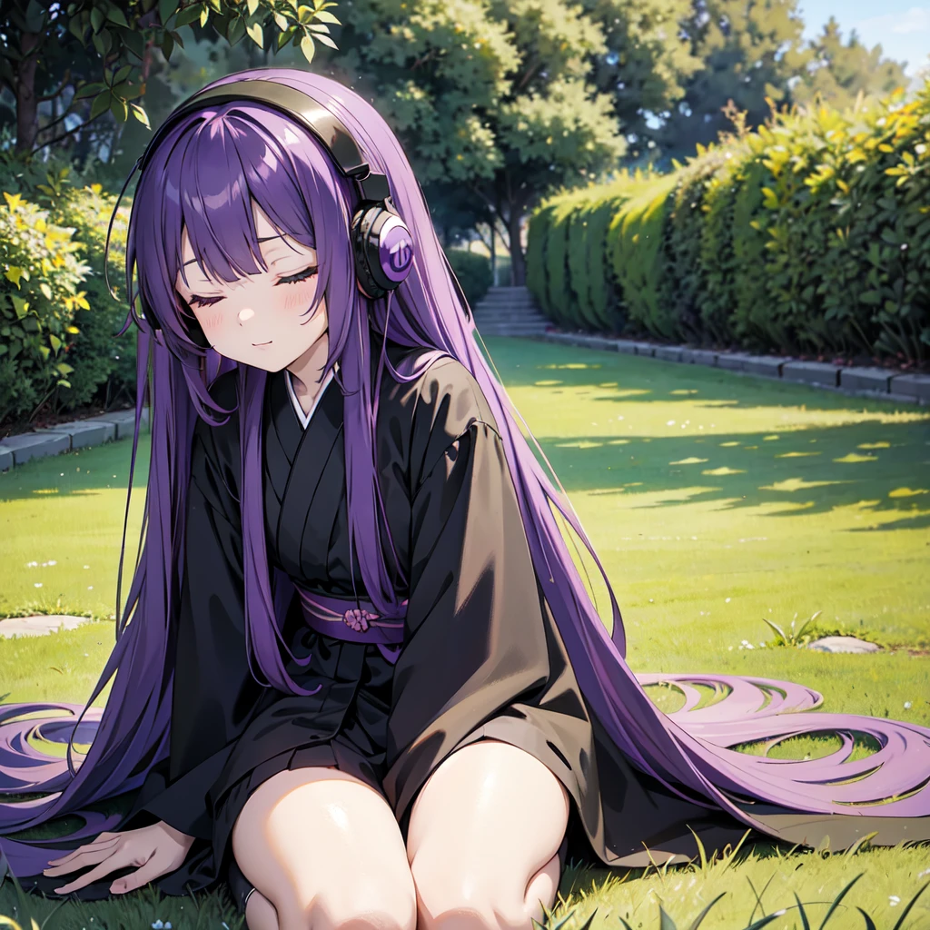 1 person. Anime girl with long purple hair and black robe. Pointy ears. Cute as in manga. Sitting on grass with eyes closed. Headphones.