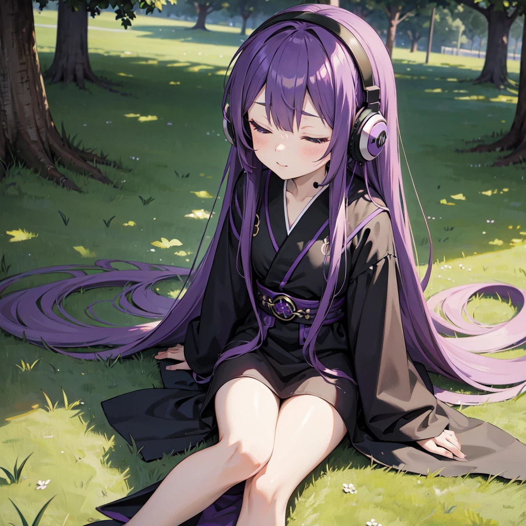 1 person. Anime girl with long purple hair and black robe. Pointy ears. Cute as in manga. Sitting on grass with eyes closed. Headphones.