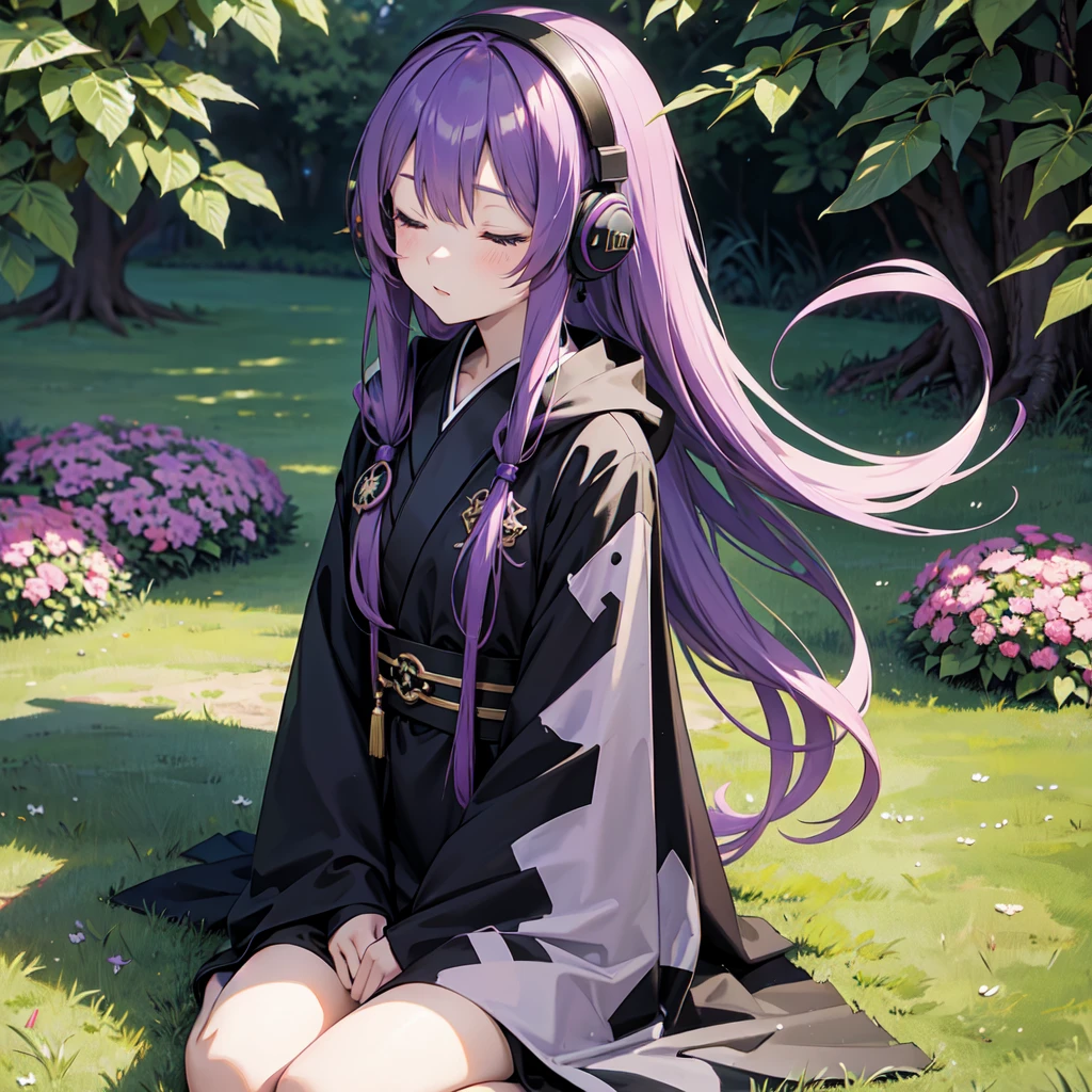1 person. Anime girl with long purple hair and black robe. Pointy ears. Cute as in manga. Sitting on grass with eyes closed. Headphones.