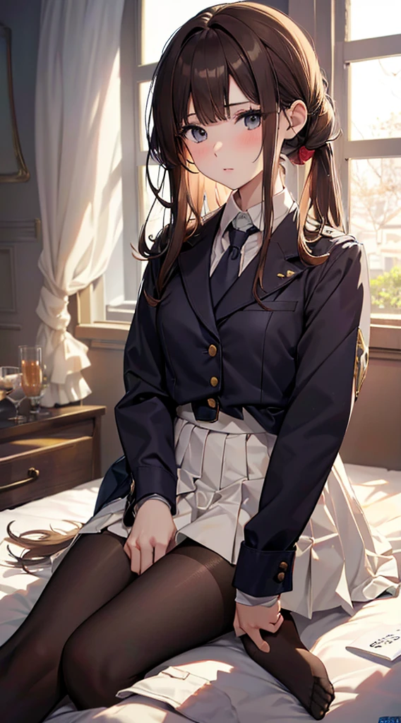 Top quality, masterpiece, High resolution, (Head to toe full body), front, frontやや下からの構図, Symmetric, Tall 18 year old girl, alone, (Head to toe), (Small breasts), Unkempt brown hair, bangs, (black tights), (Black Pantyhose), (Sit with your legs apart), (Crouching pose), (A composition showing white panties), (Her legs were spread、I see your white pants.), (I was made to sit on the floor with my legs spread..), (M-shaped legs), Thin legs, A very beautiful and tall 18 year old girl, (No shoes), blush, Shy big eyes, looking at the camera, Blazer Uniform, Checkered Pleated Skirt