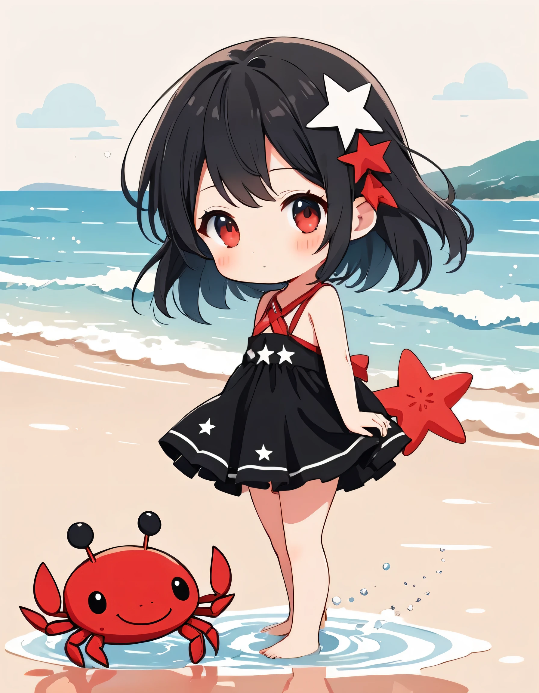 Black Star Red and White style, Simple Line Initialism,Abstract art,Kawaii Design, The most beautiful girl of all time, chibi, The background is the beach, Water Play, cute crab