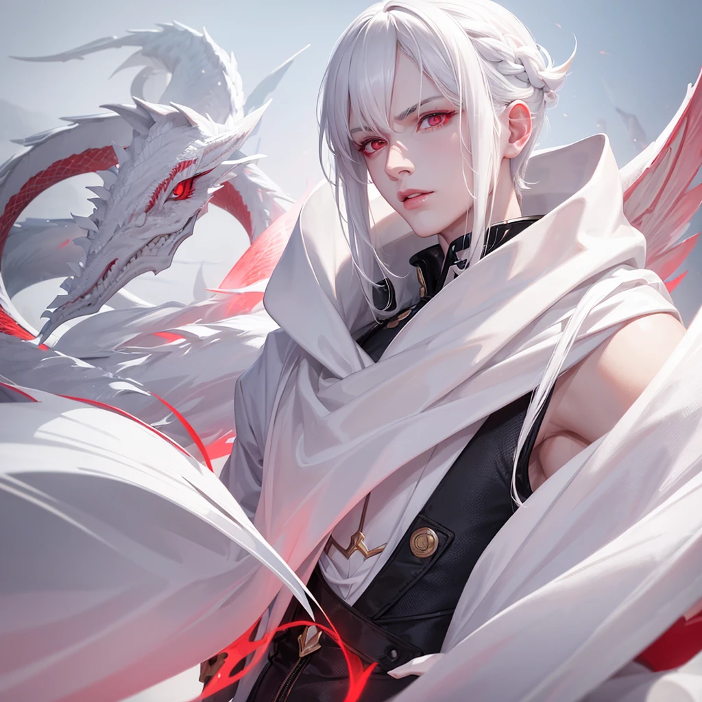 Boy, white hair, red eyes dragon, serious sharp features, white skin, pink lips, winter fashion.