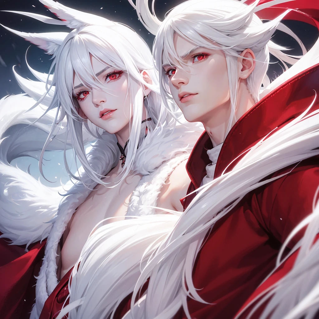 Boy, white hair, red eyes dragon, serious sharp features, white skin, pink lips, winter fashion.