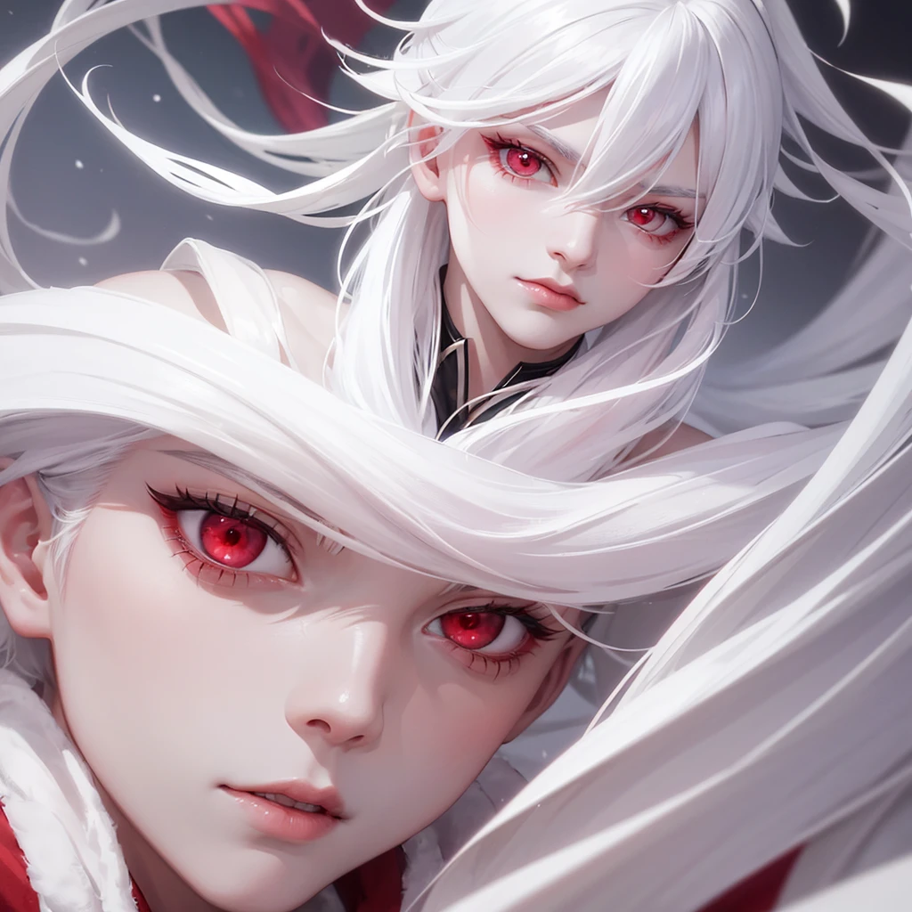 Boy, white hair, red eyes dragon, serious sharp features, white skin, pink lips, winter fashion.