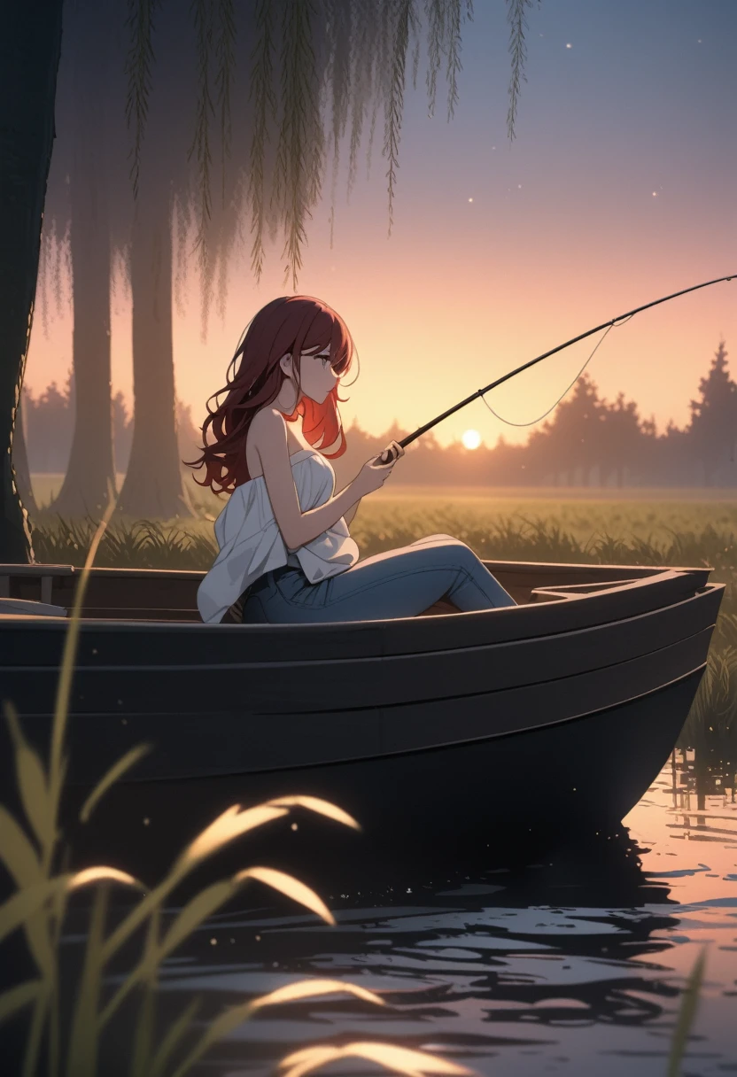 masterpiece, best quality, 1 young woman, beautiful, dusk, light particles, cozy, sitting in boat and fishing, long wavy dark red hair, swept bangs, gray eyes, white ((strapless)) shirt, jeans, black boots, from side, swamp, dusk, willow trees, dramatic light, beautiful lights,4k, gorgeous, cinematic, 