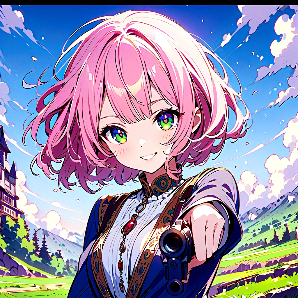Pink-haired girl with a gun pointed at her、smile